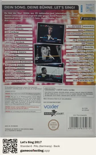 Let's Sing 2017 Nintendo Wii, Germany box back