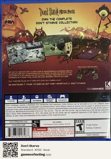 Don't Starve PlayStation 4, NTSC box back