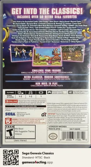 Sega Genesis Classics Nintendo Switch, NTSC box back