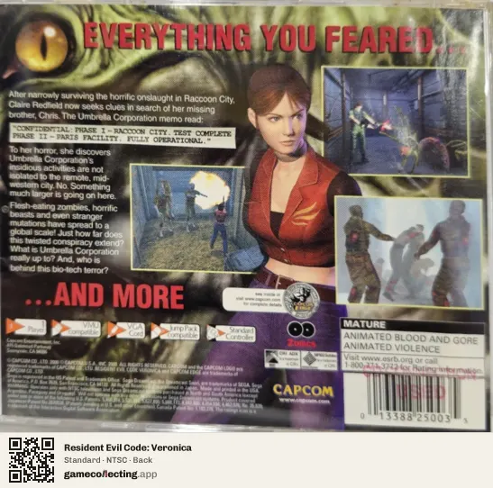 Resident Evil Code: Veronica Sega Dreamcast, NTSC box back