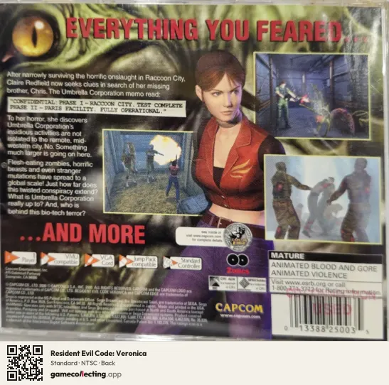 Resident Evil Code: Veronica Sega Dreamcast, NTSC box back