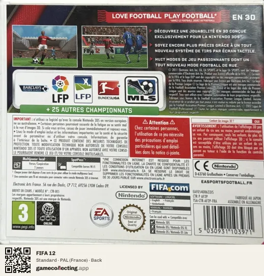 FIFA 12 Nintendo 3DS, France box back