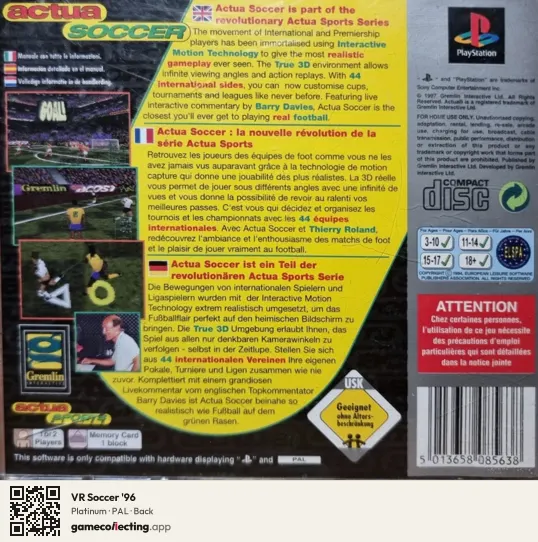 VR Soccer '96 PlayStation, PAL box back
