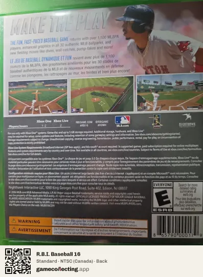 R.B.I. Baseball 16 Xbox One, Canada box back