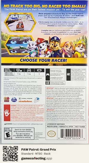 PAW Patrol: Grand Prix Nintendo Switch, NTSC box back