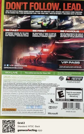 Grid 2 Xbox 360, NTSC box back