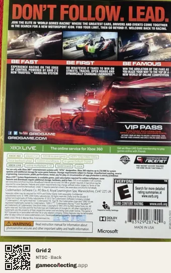 Grid 2 Xbox 360, NTSC box back