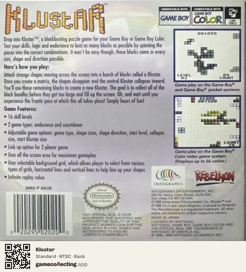 Klustar Game Boy Color, NTSC box back