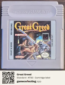 Great Greed Game Boy, NTSC cartridge label