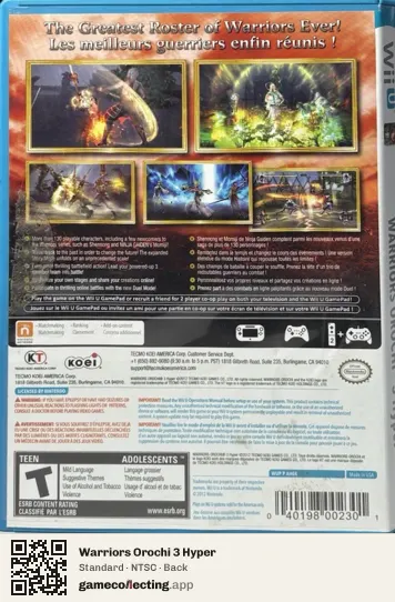 Warriors Orochi 3 Hyper Nintendo Wii U, NTSC box back