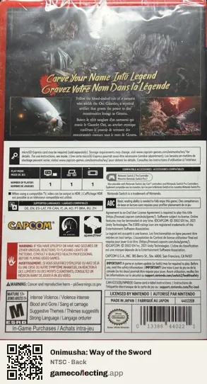 Onimusha: Way of the Sword Nintendo Switch 2, NTSC box back