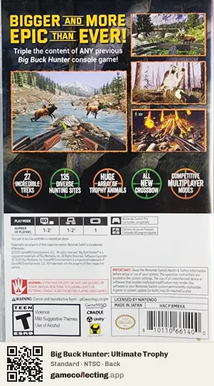 Big Buck Hunter: Ultimate Trophy Nintendo Switch, NTSC box back