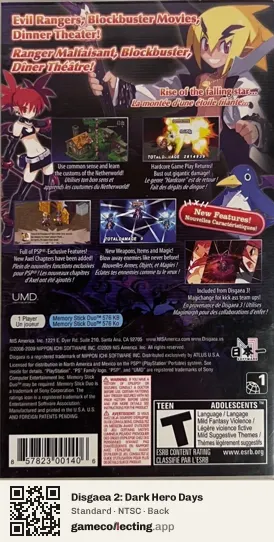 Disgaea 2: Dark Hero Days PlayStation Portable, NTSC box back
