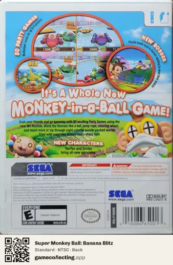 Super Monkey Ball: Banana Blitz Nintendo Wii, NTSC box back