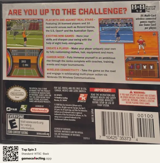 Top Spin 3 Nintendo DS, NTSC box back