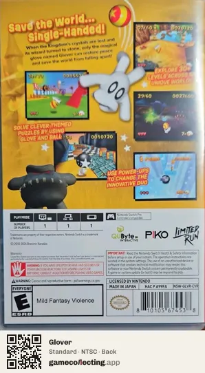 Glover Nintendo Switch, NTSC box back