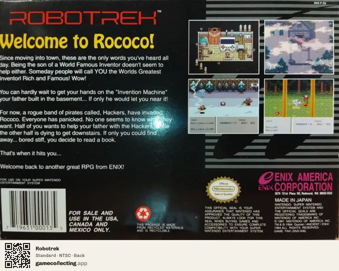Robotrek Super Nintendo Entertainment System, NTSC box back