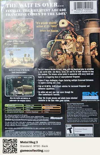 Metal Slug 3 Xbox, NTSC box back