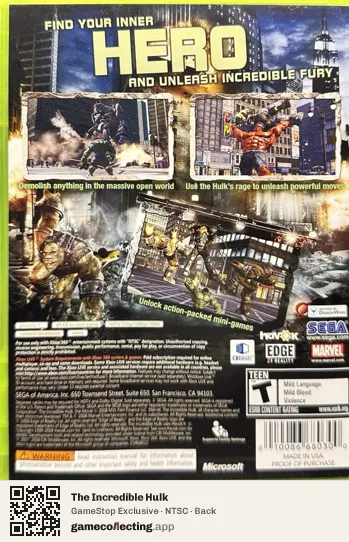 The Incredible Hulk Xbox 360, NTSC box back