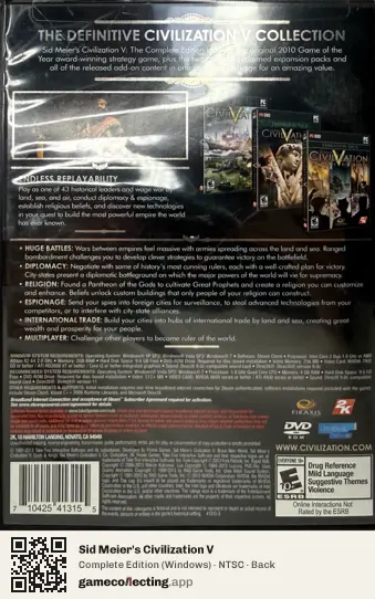 Sid Meier's Civilization V Computer, NTSC box back