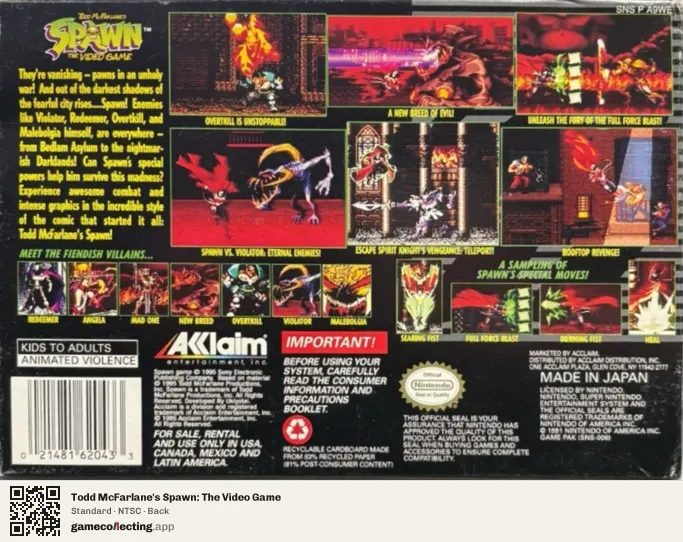 Todd McFarlane's Spawn: The Video Game Super Nintendo Entertainment System, NTSC box back