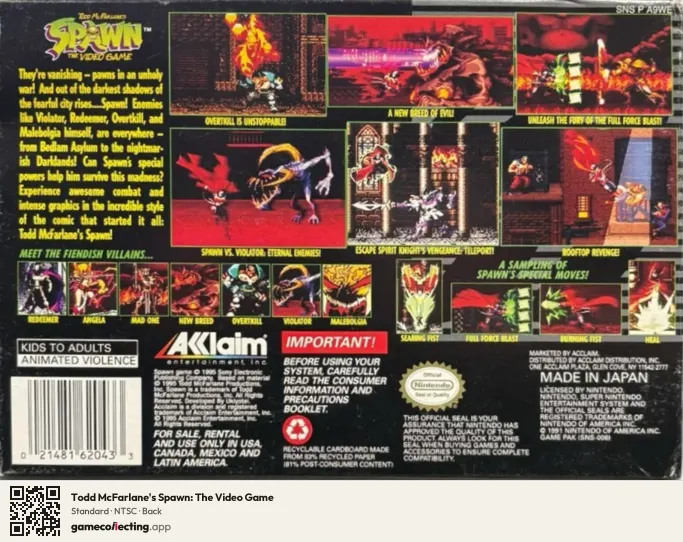 Todd McFarlane's Spawn: The Video Game Super Nintendo Entertainment System, NTSC box back