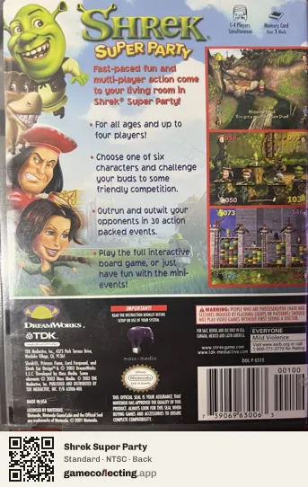 Shrek Super Party Nintendo GameCube, NTSC box back