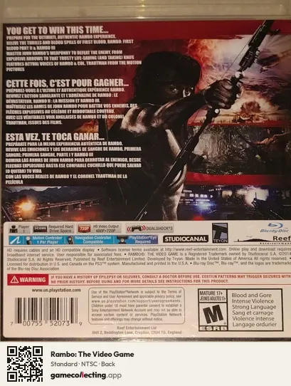 Rambo: The Video Game PlayStation 3, NTSC box back
