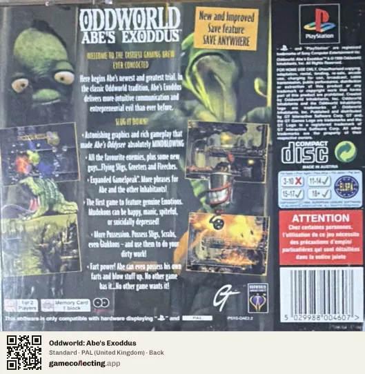 Oddworld: Abe's Exoddus PlayStation, United Kingdom box back