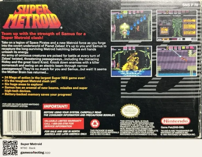 Super Metroid Super Nintendo Entertainment System, NTSC box back