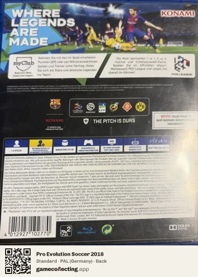 Pro Evolution Soccer 2018 PlayStation 4, Germany box back