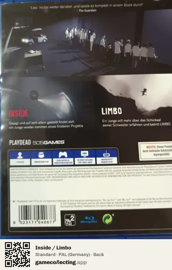 Inside / Limbo PlayStation 4, Germany box back