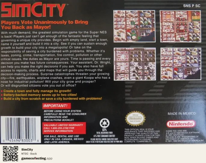 SimCity Super Nintendo Entertainment System, NTSC box back