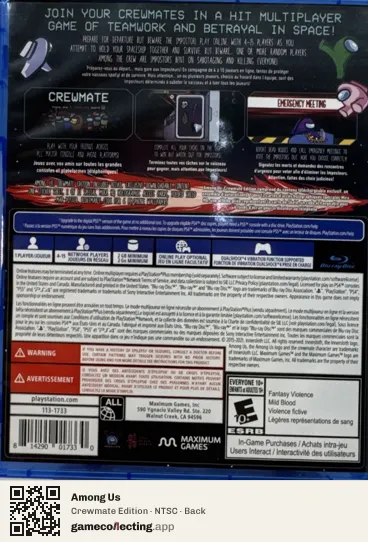 Among Us PlayStation 4, NTSC box back