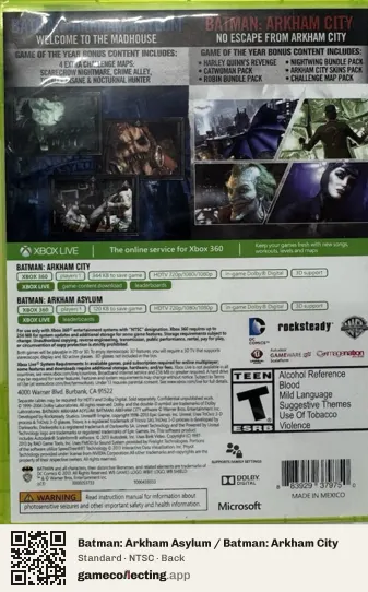 Batman: Arkham Asylum / Batman: Arkham City Xbox 360, NTSC box back