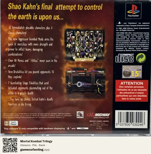 Mortal Kombat Trilogy PlayStation, PAL box back