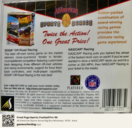 Front Page Sports: Football Pro '98 Computer, NTSC box back