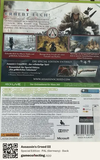 Assassin's Creed III Xbox 360, Germany box back