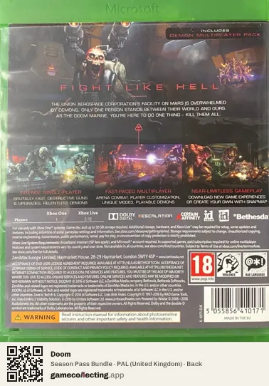 Doom Xbox One, United Kingdom box back