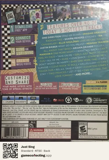 Just Sing PlayStation 4, NTSC box back