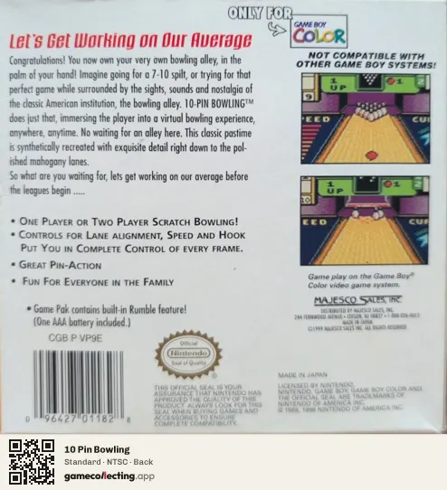 10 Pin Bowling Game Boy Color, NTSC box back