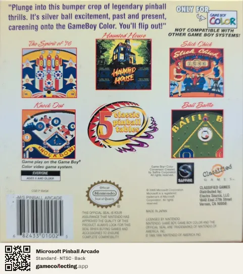 Microsoft Pinball Arcade Game Boy Color, NTSC box back