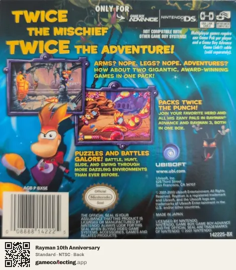 Rayman 10th Anniversary Game Boy Advance, NTSC box back