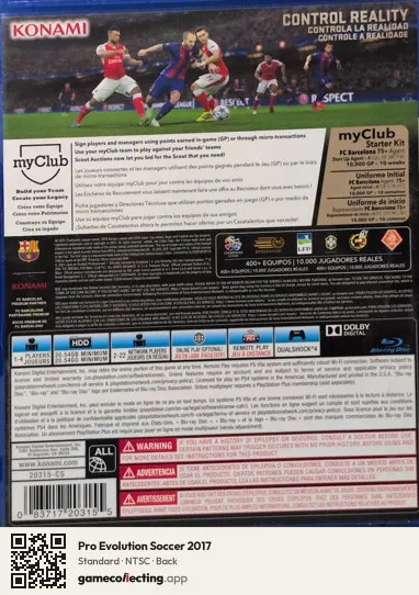 Pro Evolution Soccer 2017 PlayStation 4, NTSC box back
