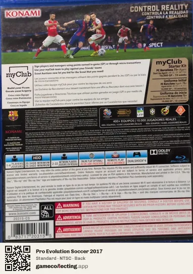 Pro Evolution Soccer 2017 PlayStation 4, NTSC box back