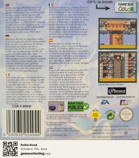Robin Hood Game Boy Color, PAL box back