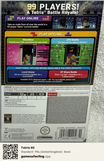 Tetris 99 Nintendo Switch, United Kingdom box back