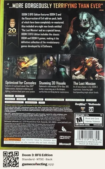 Doom 3: BFG Edition Xbox 360, NTSC box back