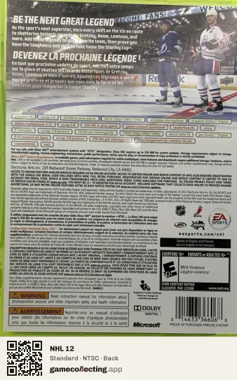 NHL 12 Xbox 360, NTSC box back