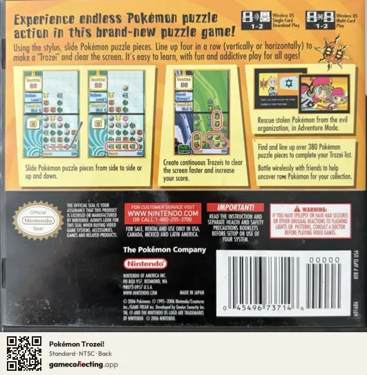 Pokémon Trozei! Nintendo DS, NTSC box back